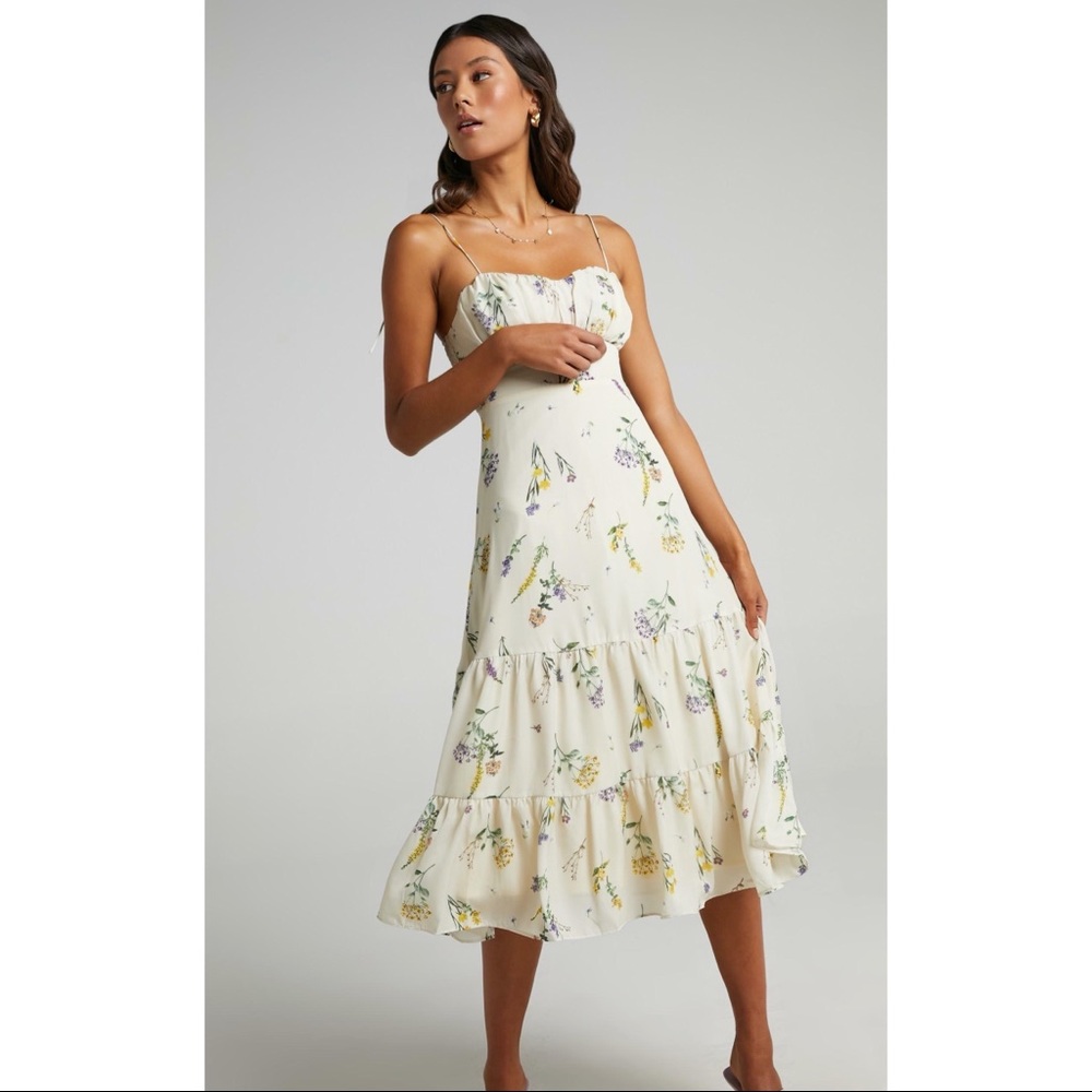 Showpo MONACO SWEETHEART MIDI DRESS IN BOTANICAL FLORAL Cream
